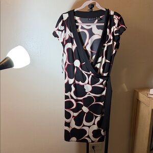 INC International Concepts Black and White Floral Midi Dress with Red Trim